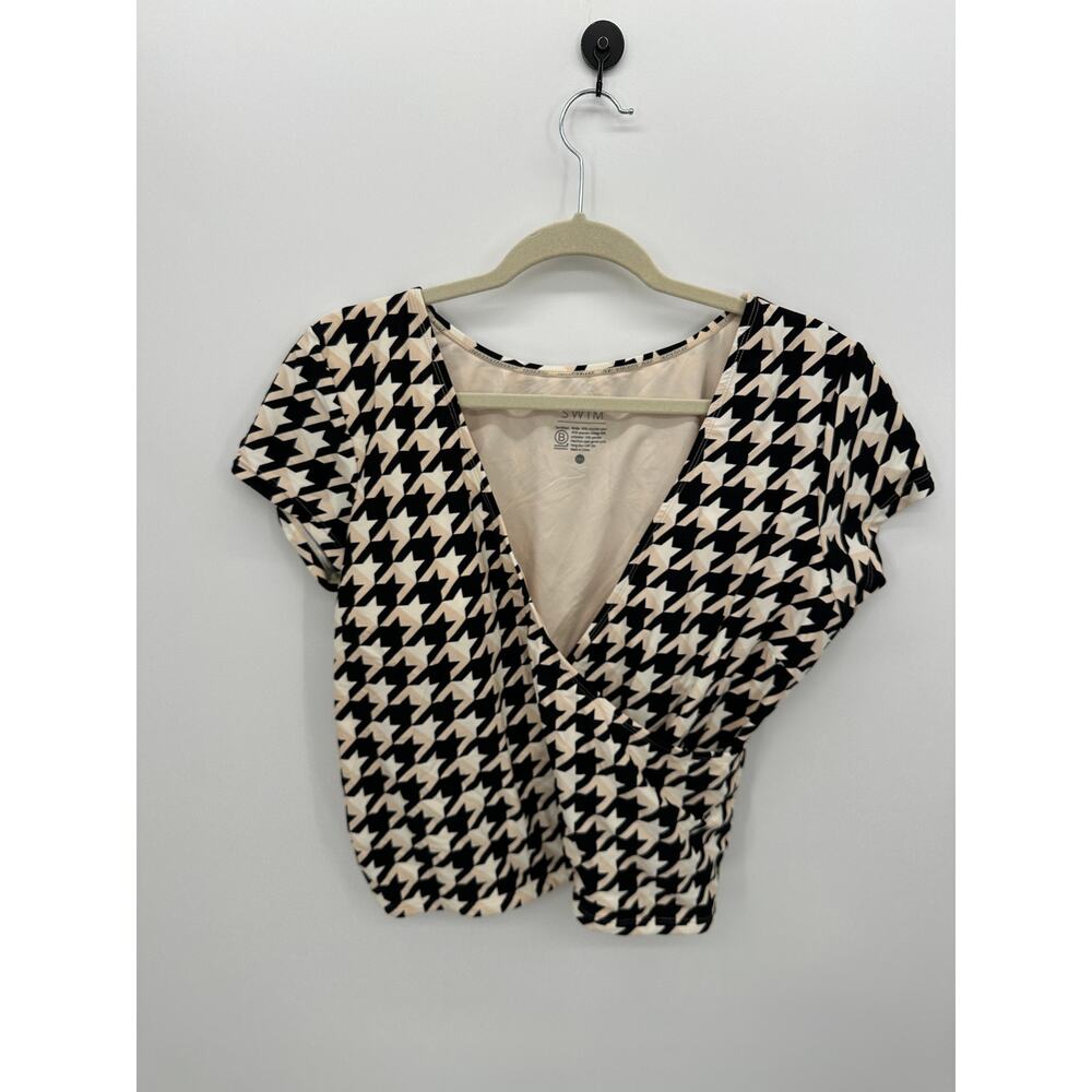 DownEast Womens Houndstooth Tankini Swim Top Black White Faux Wrap XXL DK1